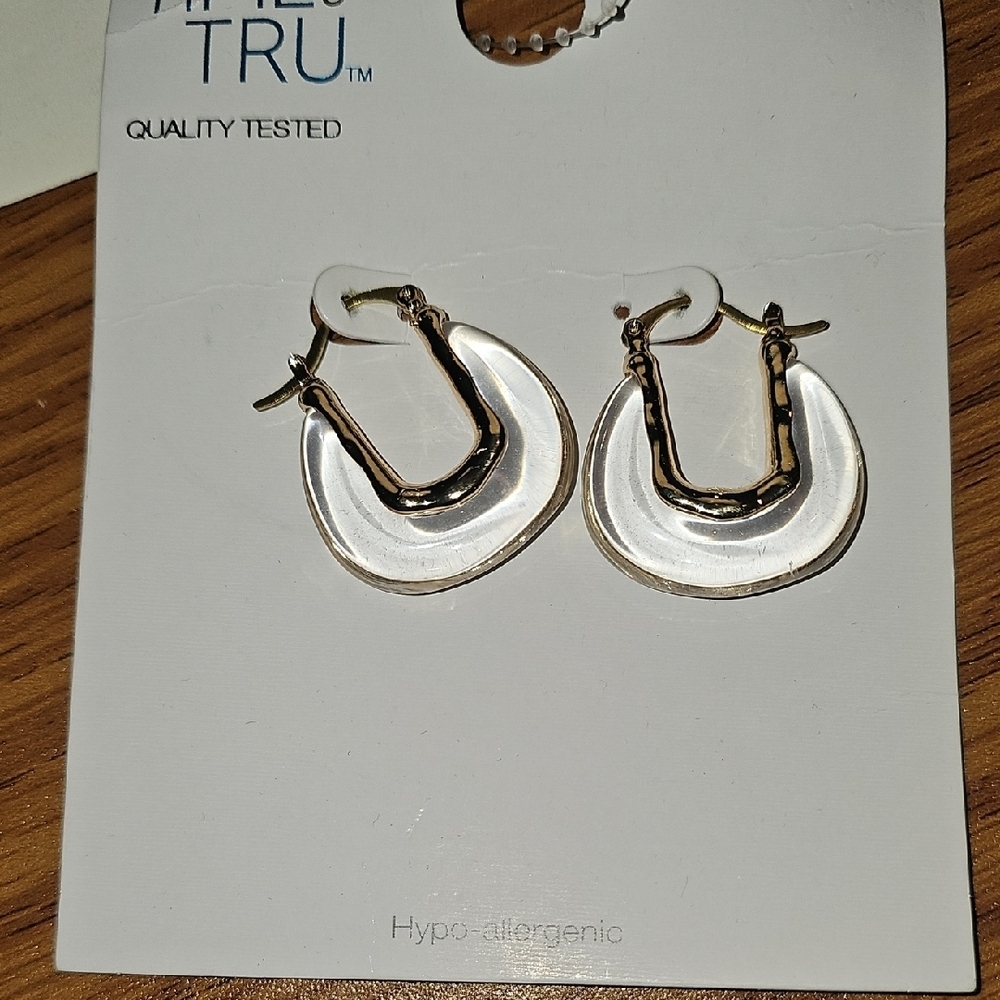 Time And Tru NWT Gold and White Crescent Clear Hoop Earrings